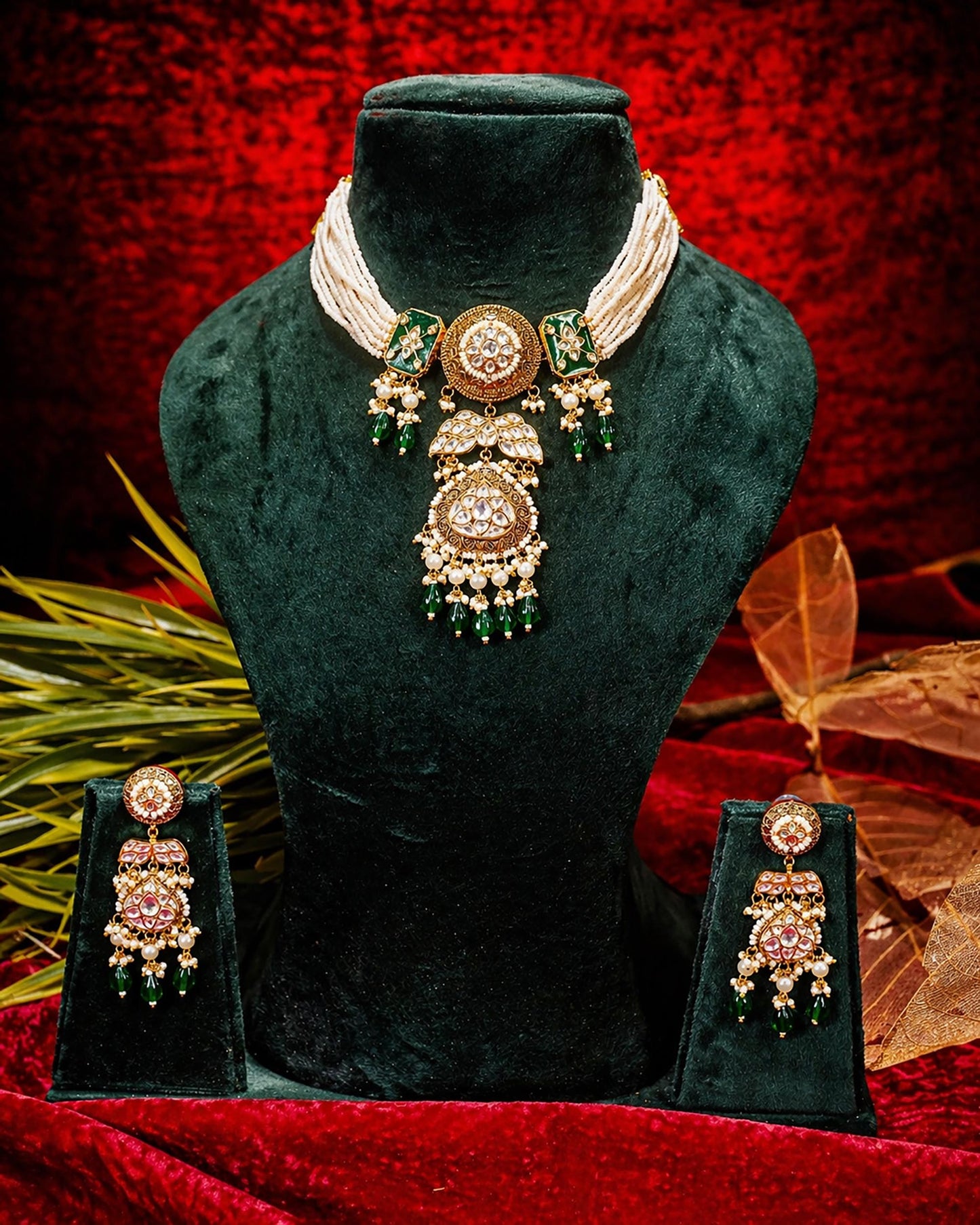 Royal Green Kundan Pearl Bridal Necklace Set, Indian Wedding Jewelry Set, Traditional Meenakari Choker with Earrings, Bridal Necklace