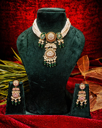 Royal Green Kundan Pearl Bridal Necklace Set, Indian Wedding Jewelry Set, Traditional Meenakari Choker with Earrings, Bridal Necklace