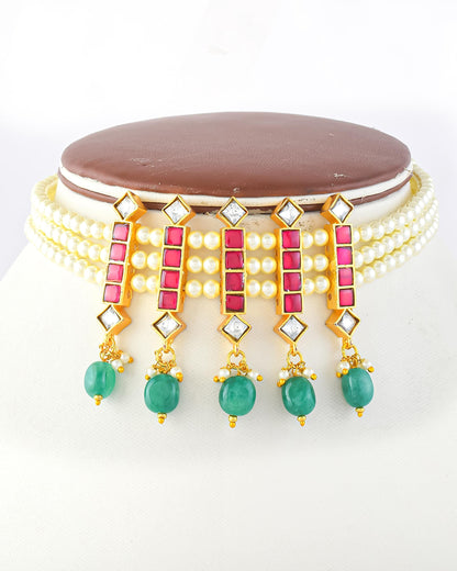 Handcrafted Kundan Choker Set  Pearl Necklace, Green Bead Earrings, Gold Plated Bridal Jewelry Gift