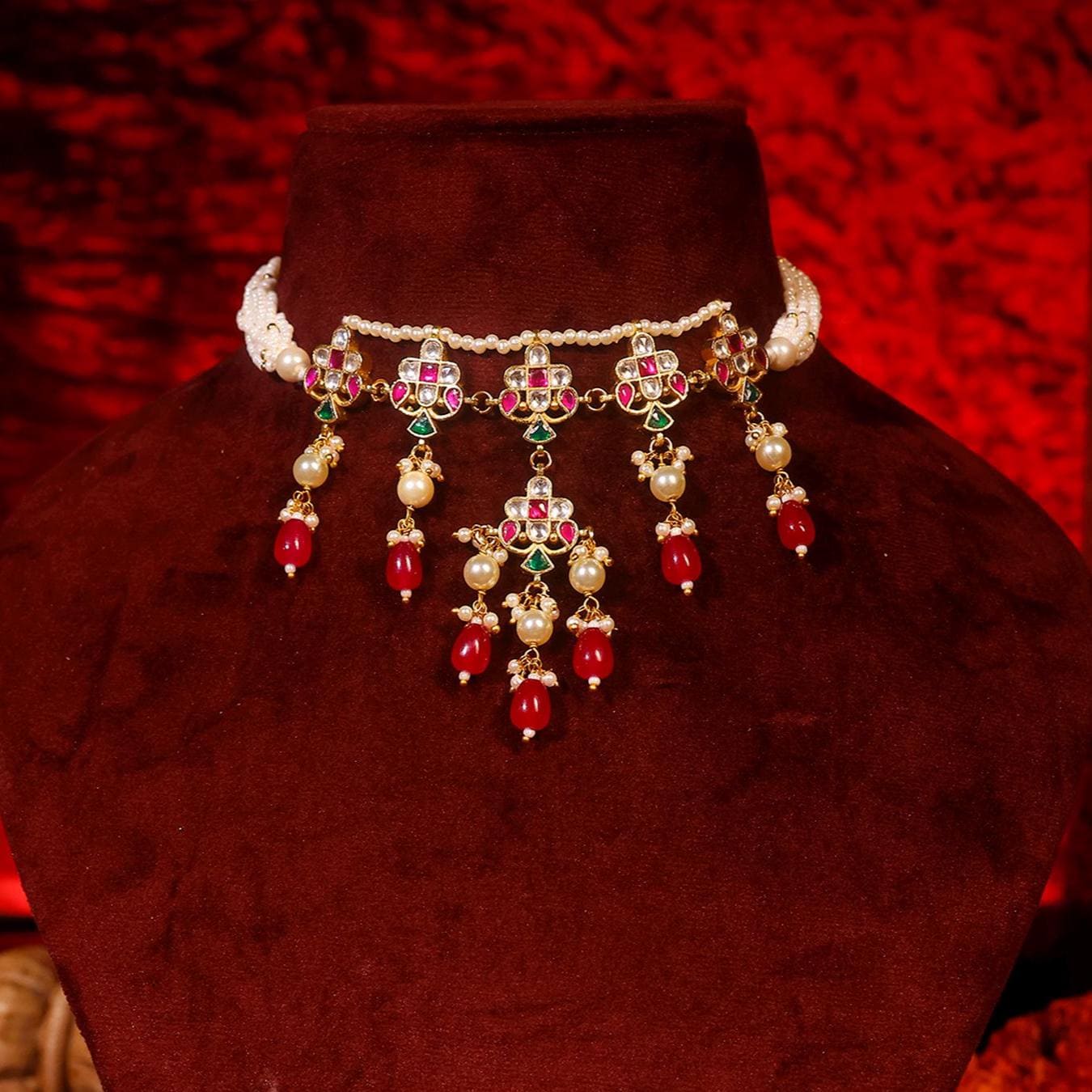 Handmade Choker Necklace Set with Earrings, Pearl Strand Indian Wedding Jewelry, Polki Gold Choker, Ethnic Jewelry Gifts