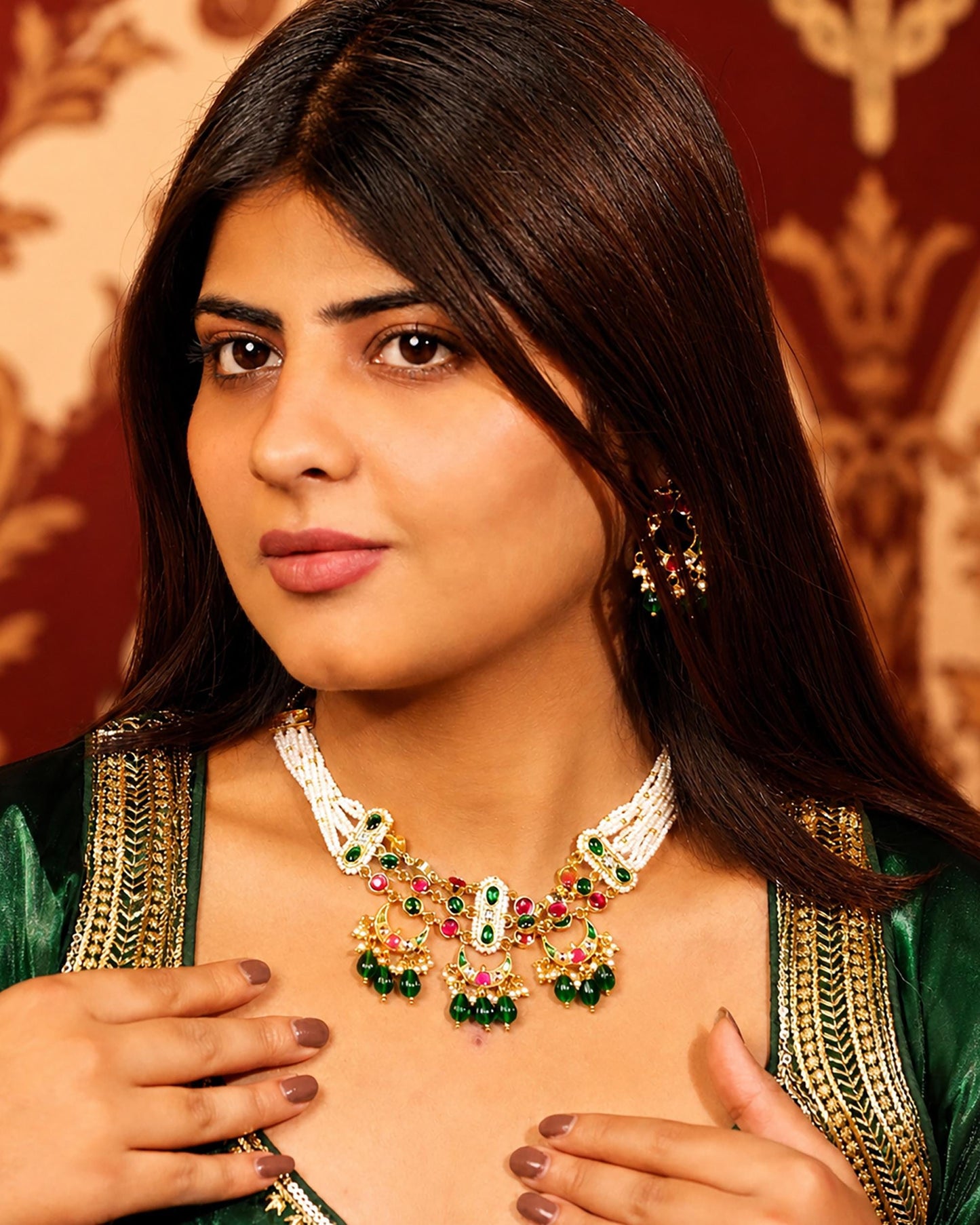 Kundan Pearl Choker Set, Indian Bridal Jewelry, Red Green Ethnic Choker, Traditional Wedding Necklace with Earrings, Navratri Jewelry