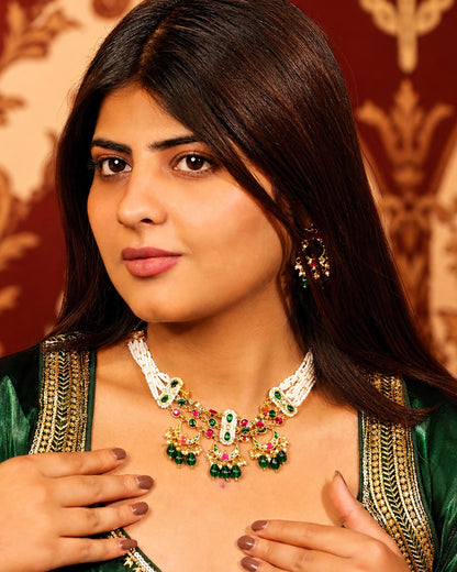 Kundan Pearl Choker Set, Indian Bridal Jewelry, Red Green Ethnic Choker, Traditional Wedding Necklace with Earrings, Navratri Jewelry