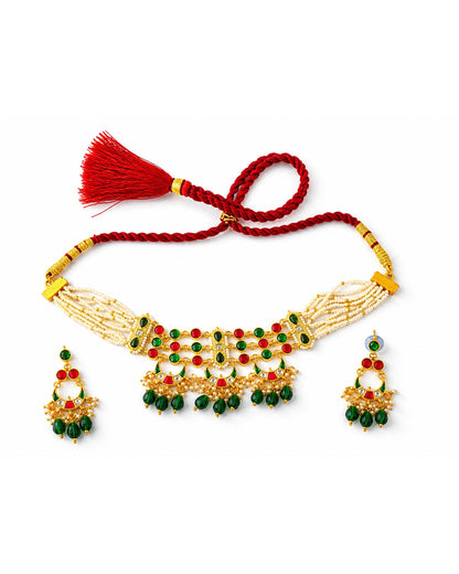 Kundan Pearl Choker Set, Indian Bridal Jewelry, Red Green Ethnic Choker, Traditional Wedding Necklace with Earrings, Navratri Jewelry
