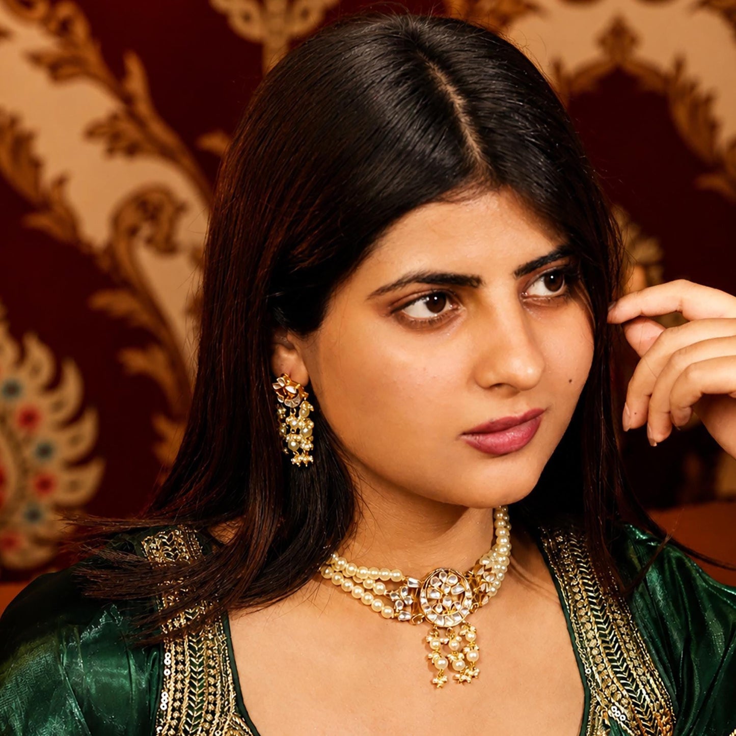 Pearl Choker Set, Kundan Wedding Necklace Set, Indian Bridal Jewelry, Gold Pearl Necklace with Earrings, Pakistani Jewelry