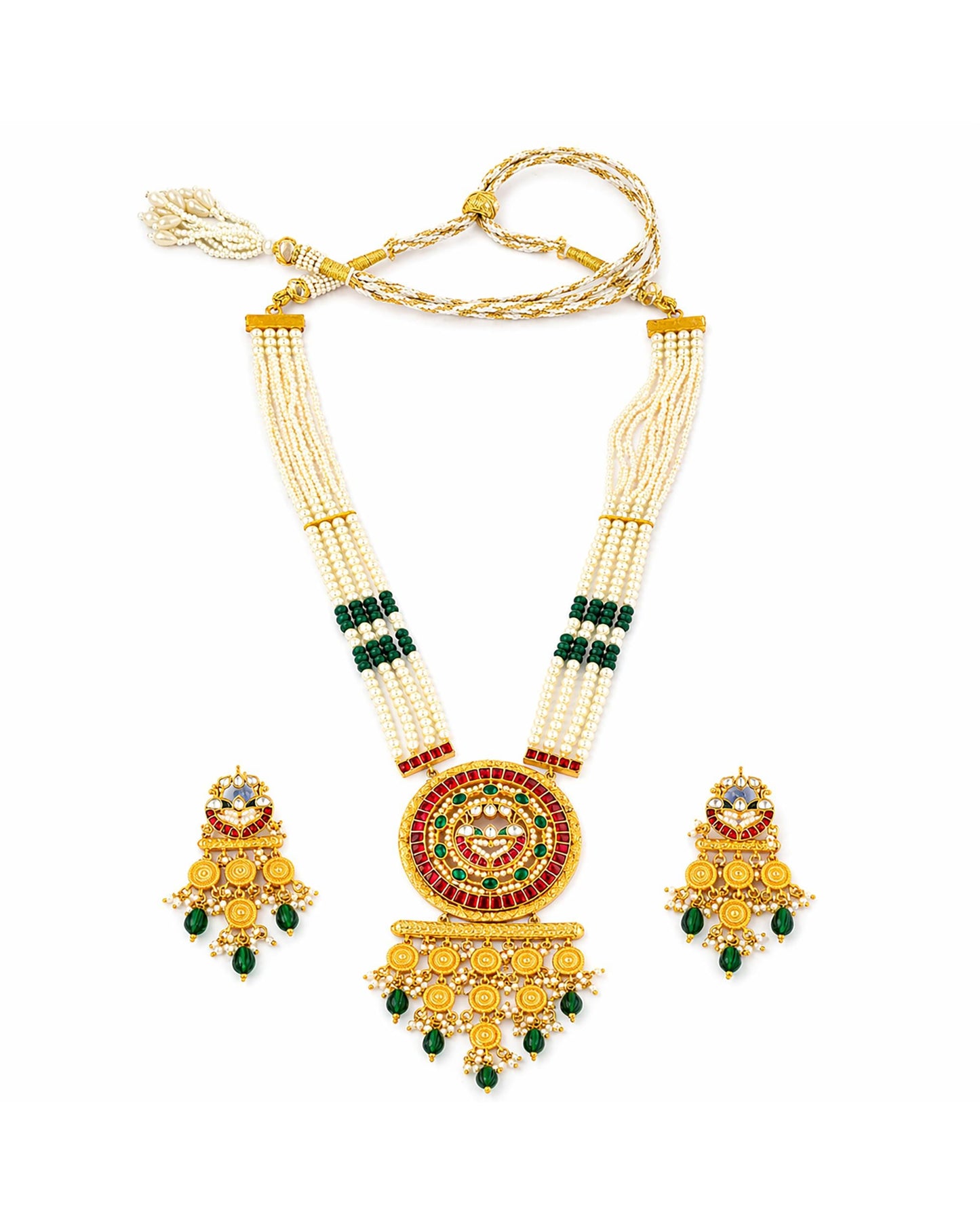 Traditional Long Pendant Necklace Set, Indian Pearl Mala Jewelry, Kundan Bridal Necklace, Ethnic Wedding Jewelry Set, Green Red Pendant Set