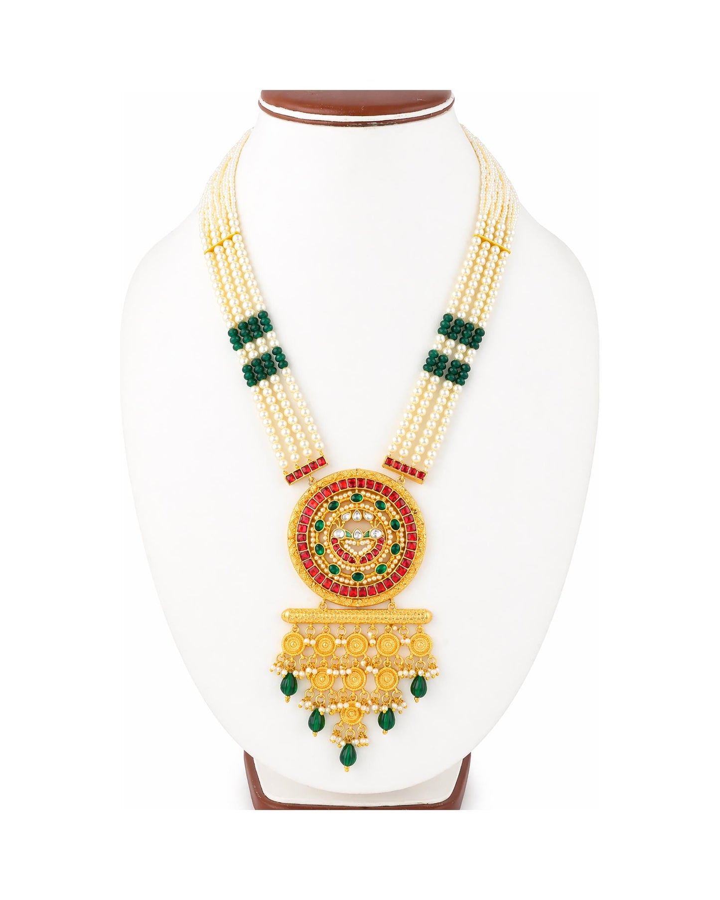 Traditional Long Pendant Necklace Set, Indian Pearl Mala Jewelry, Kundan Bridal Necklace, Ethnic Wedding Jewelry Set, Green Red Pendant Set