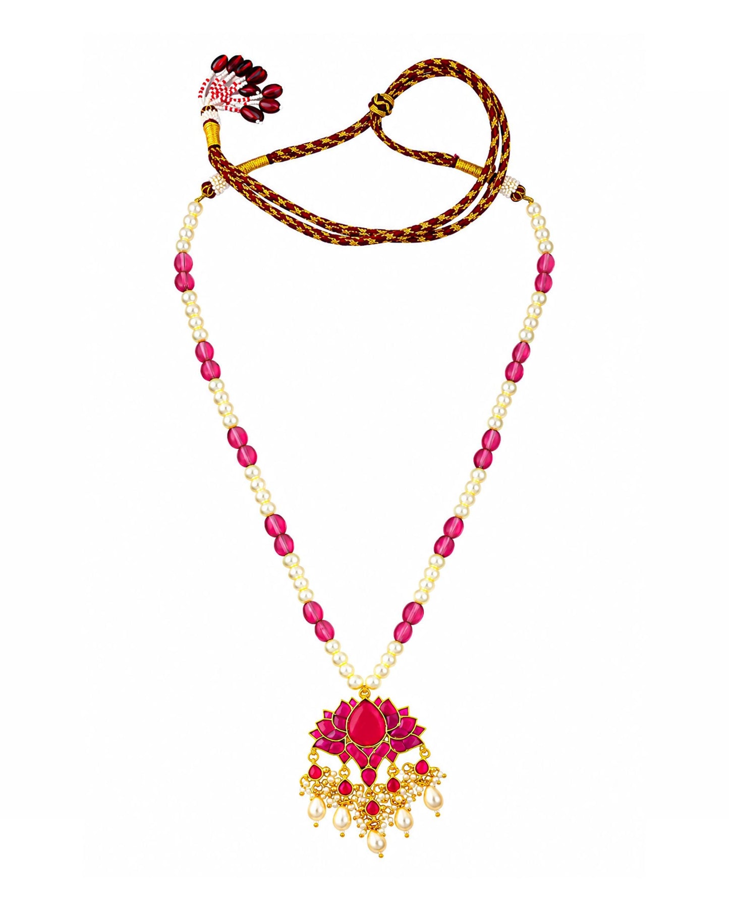 Pink Lotus Pearl Beads Long Pendant Necklace Set, Indian Bridal Jewelry, Kundan Ethnic Necklace, Lotus Pendant Jewelry, Wedding Pearl Mala