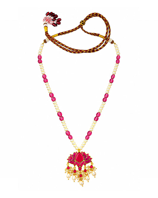 Pink Lotus Pearl Beads Long Pendant Necklace Set, Indian Bridal Jewelry, Kundan Ethnic Necklace, Lotus Pendant Jewelry, Wedding Pearl Mala