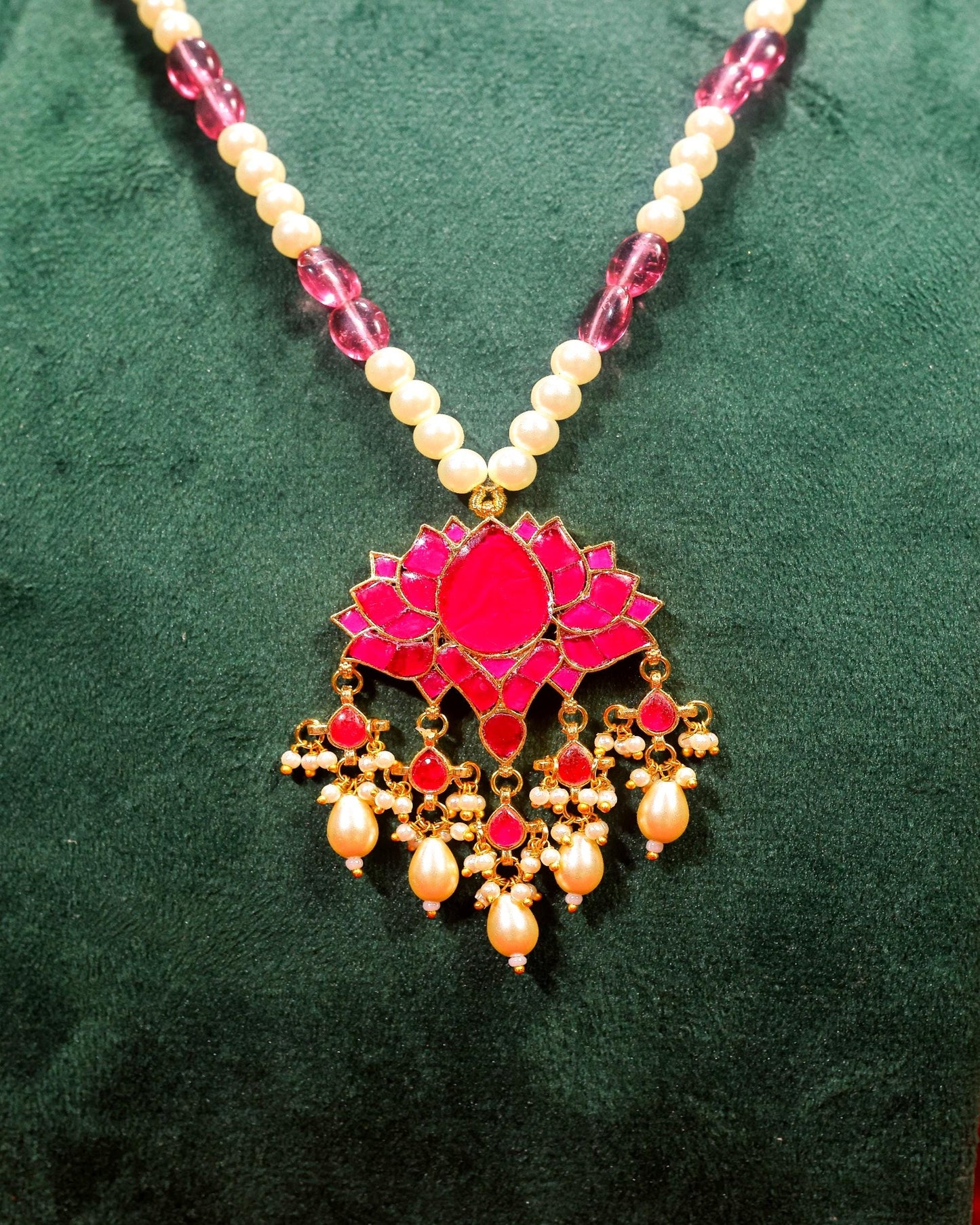 Pink Lotus Pearl Beads Long Pendant Necklace Set, Indian Bridal Jewelry, Kundan Ethnic Necklace, Lotus Pendant Jewelry, Wedding Pearl Mala