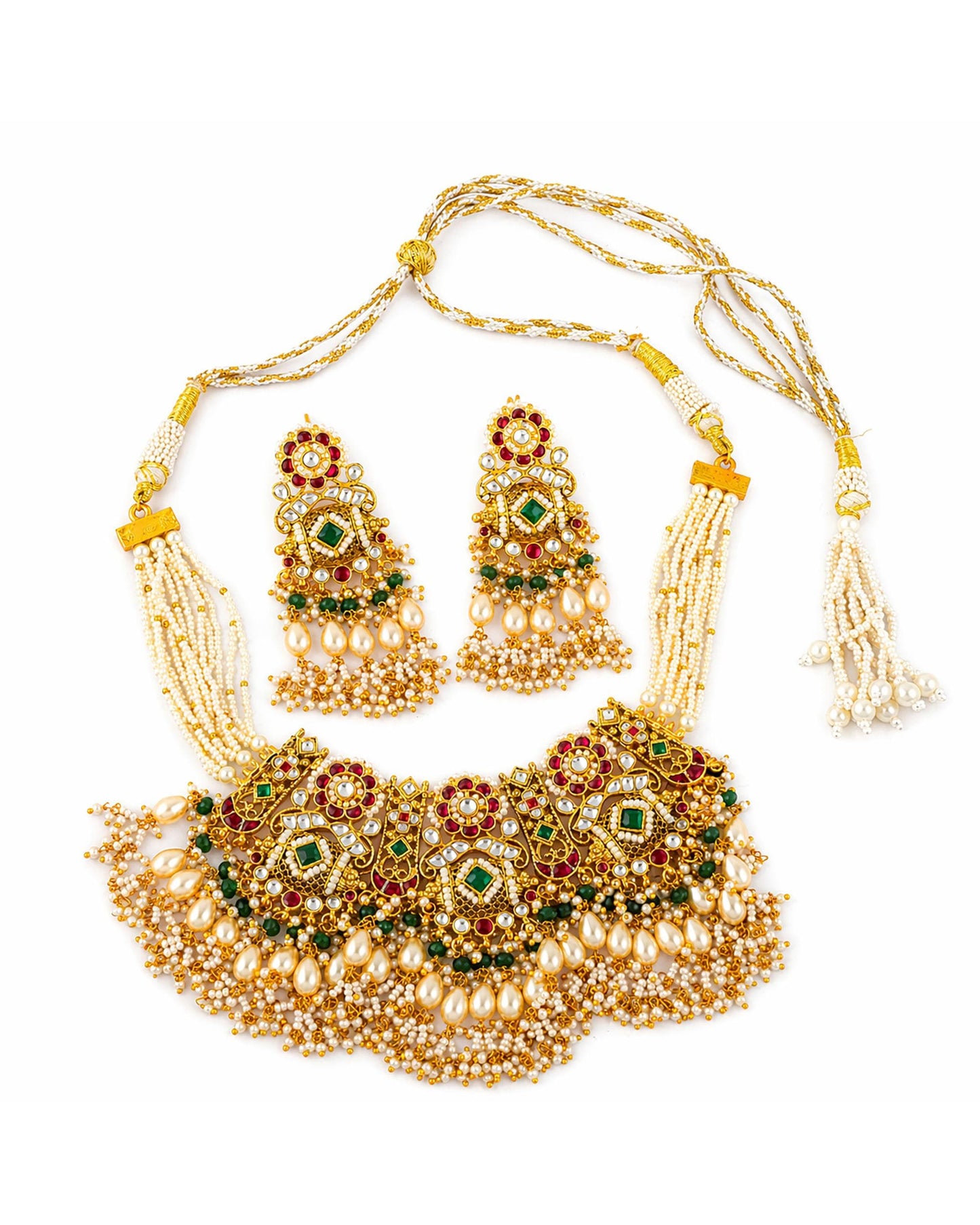 Gold Plated Green Beads and Pink Stone Bridal Necklace Set, Indian Wedding Jewelry, Kundan Ethnic Necklace, Traditional Bridal Jewelry Set