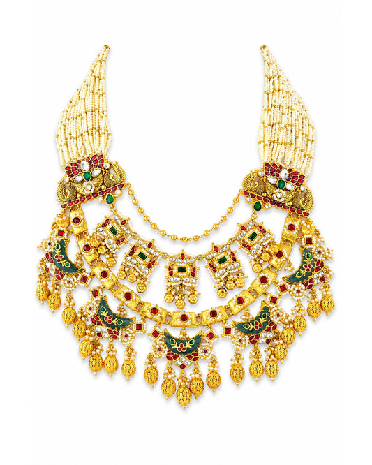 Traditional Indian Temple Necklace Set, Handmade Bridal Jewelry Set, Gold Tone Beaded Choker, Ethnic Statement Necklace with Earrings