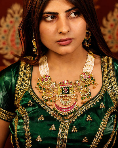 Antique Kundan Statement Necklace, Traditional Indian Bridal Jewelry, Pink Green Temple Necklace, Handmade Ethnic Wedding Jewelry