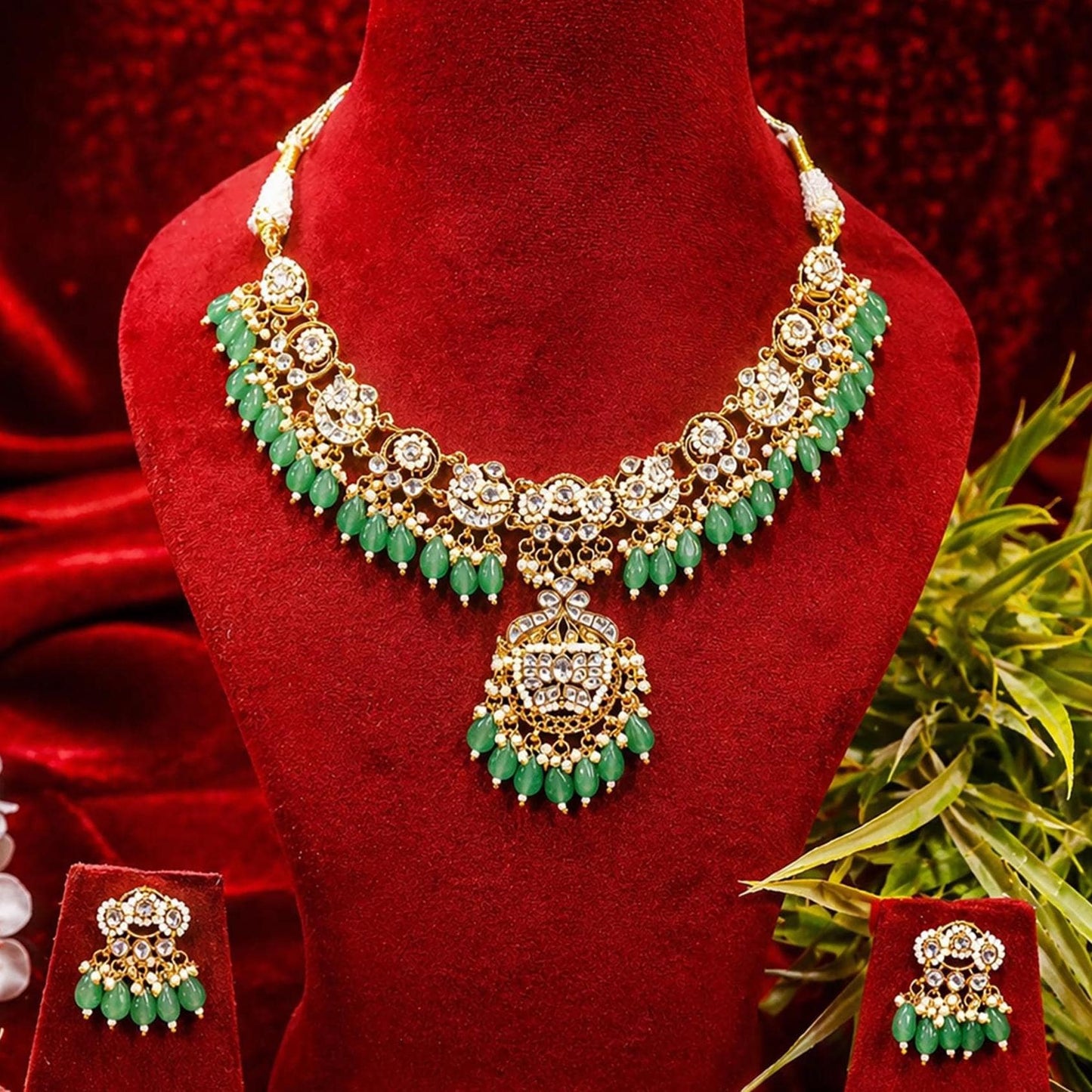 Green Beads Kundan Necklace Set, Gold Plated Indian Bridal Jewelry, Traditional Polki Choker Set with Earrings & PendantWedding Necklace