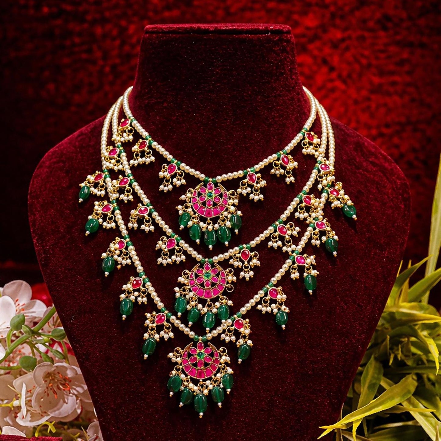 South Indian Temple Jewelry Set Gold Plated Green Bead Necklace Set, Pink Kemp Stone Bridal Haram Set, Traditional Indian Wedding Jewelry