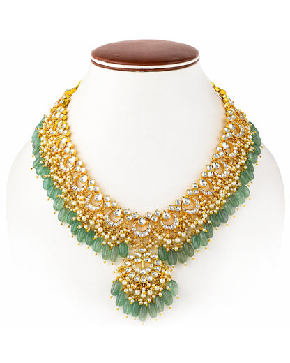 Kundan Choker Necklace Set Gold Plated Green Bead Bridal Jewelry, Indian Wedding Necklace Set with Jhumka Earrings, Ethnic Jewelry