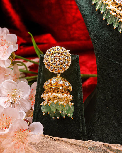 Kundan Choker Necklace Set Gold Plated Green Bead Bridal Jewelry, Indian Wedding Necklace Set with Jhumka Earrings, Ethnic Jewelry