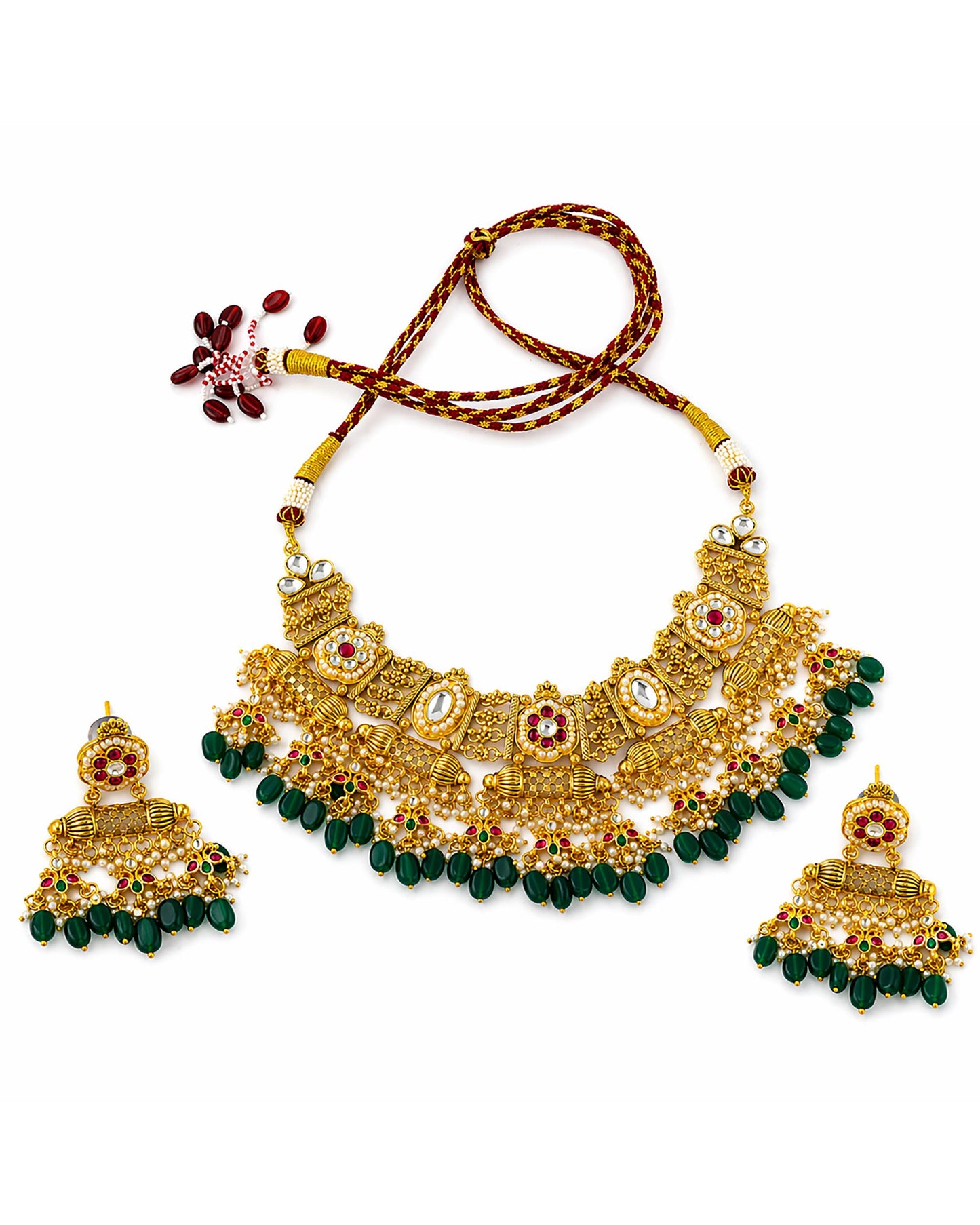 Antique Kundan Necklace Set with Green Beads, Bridal Gold Choker Necklace, Traditional Indian Wedding Jewelry Set with Earrings