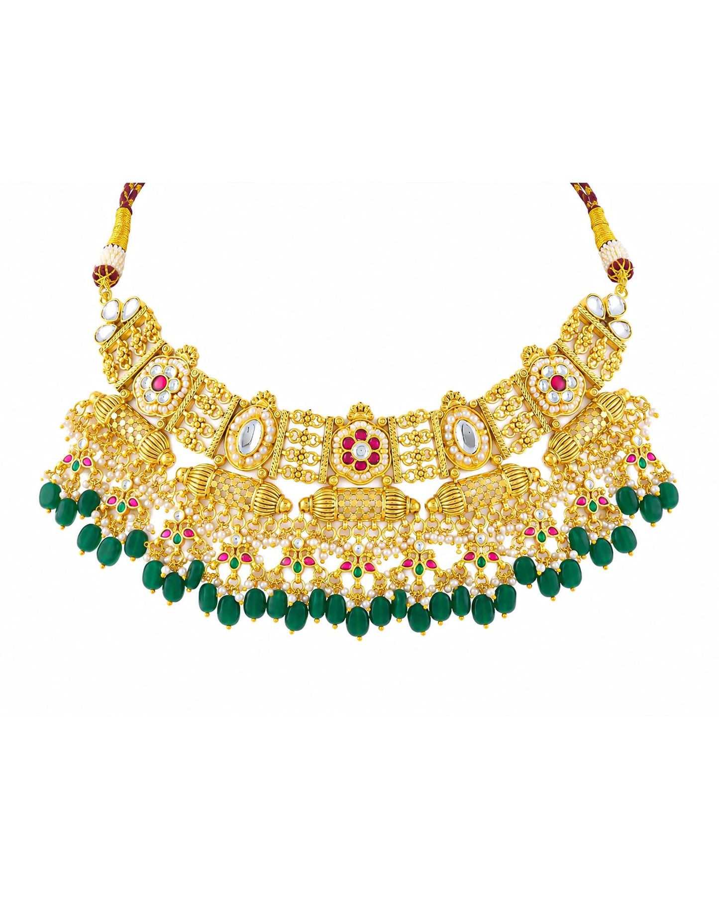 Antique Kundan Necklace Set with Green Beads, Bridal Gold Choker Necklace, Traditional Indian Wedding Jewelry Set with Earrings