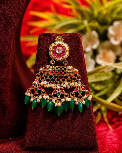 Antique Kundan Necklace Set with Green Beads, Bridal Gold Choker Necklace, Traditional Indian Wedding Jewelry Set with Earrings