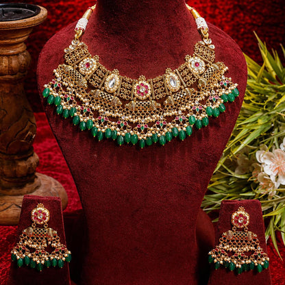 Antique Kundan Necklace Set with Green Beads, Bridal Gold Choker Necklace, Traditional Indian Wedding Jewelry Set with Earrings