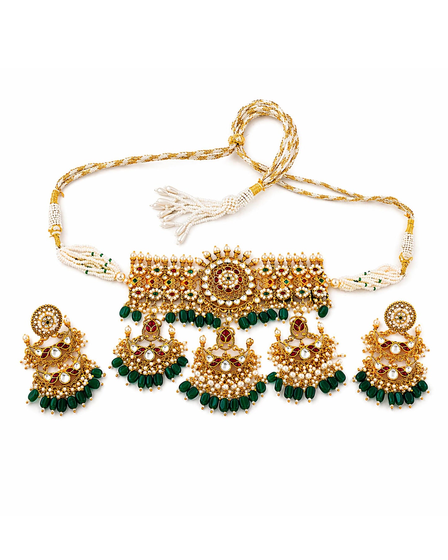 Bridal Kundan Choker Necklace Set with Earrings, Green Beads Polki Jewelry, Indian Wedding Gold Choker, Traditional Ethnic Bridal Jewelry