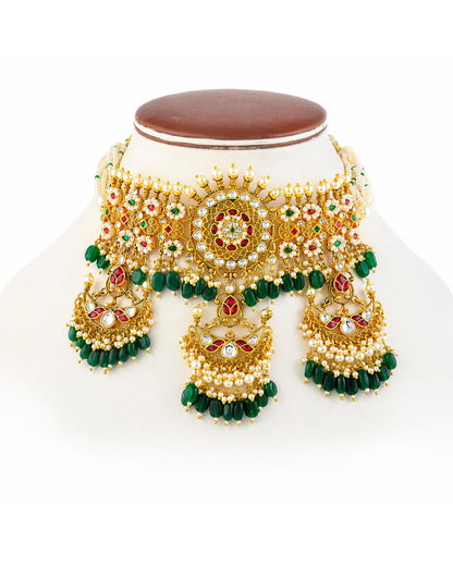 Bridal Kundan Choker Necklace Set with Earrings, Green Beads Polki Jewelry, Indian Wedding Gold Choker, Traditional Ethnic Bridal Jewelry