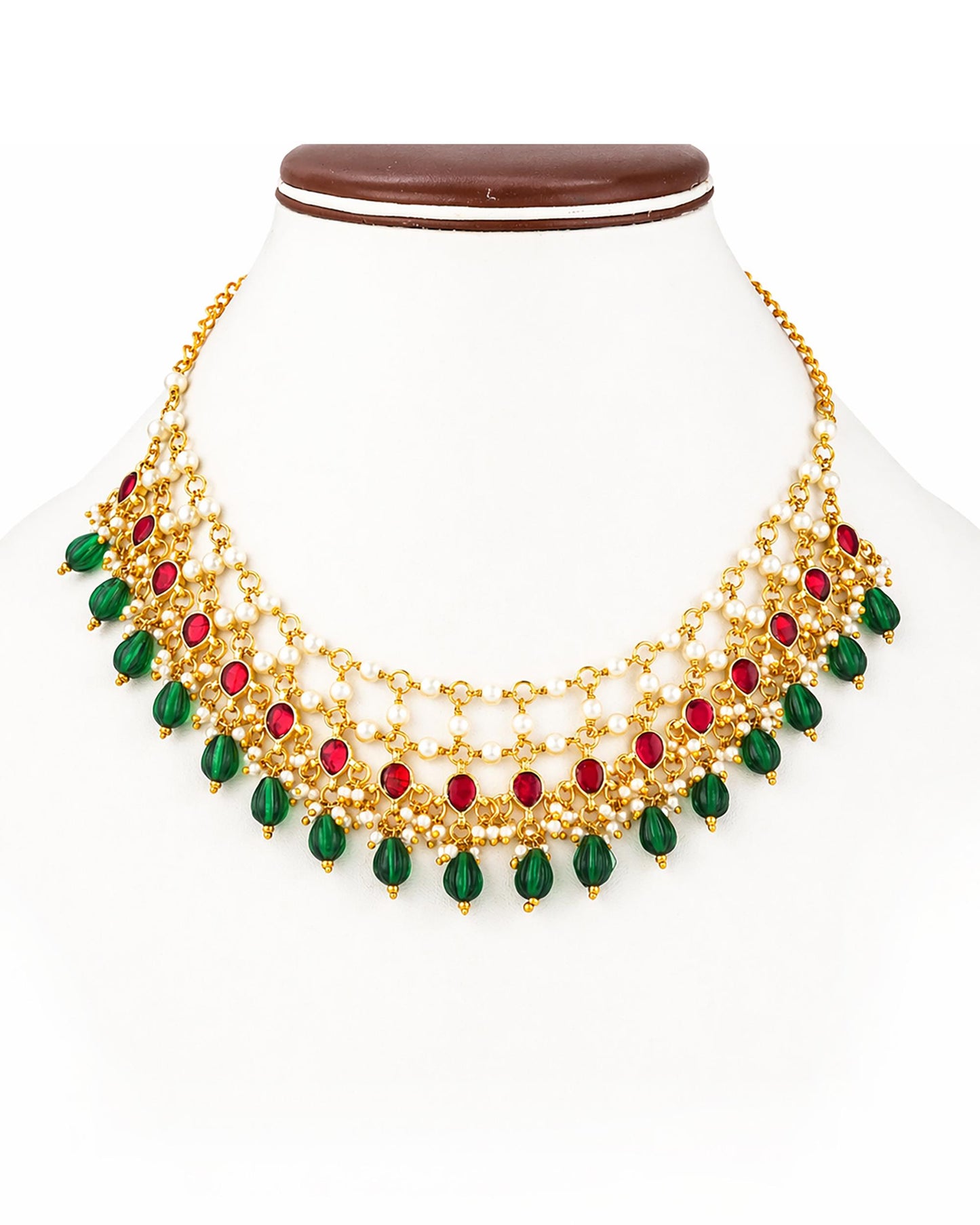 Kundan Pearl Necklace Set, Green Red Bridal Jewelry, Indian Wedding Necklace, Gold Plated Ethnic Jewelry
