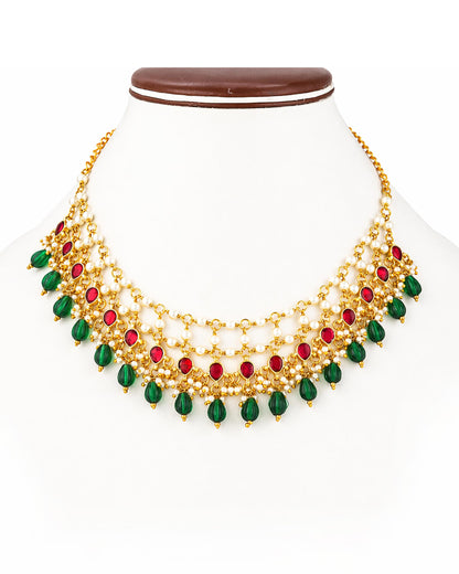 Kundan Pearl Necklace Set, Green Red Bridal Jewelry, Indian Wedding Necklace, Gold Plated Ethnic Jewelry