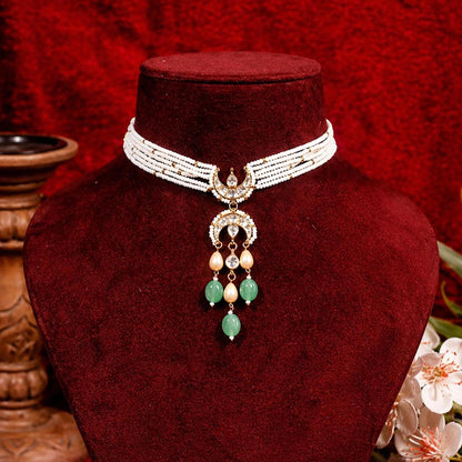 Pearl Choker Necklace Set, Indian Bridal Jewelry, Green Bead Choker, Ethnic Wedding Jewelry, Gold Plated Necklace Set