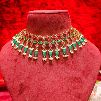 Traditional Kundan Choker Necklace Set with Earrings, Red Green Bridal Jewelry Set, Indian Wedding Necklace, Gold Statement Choker