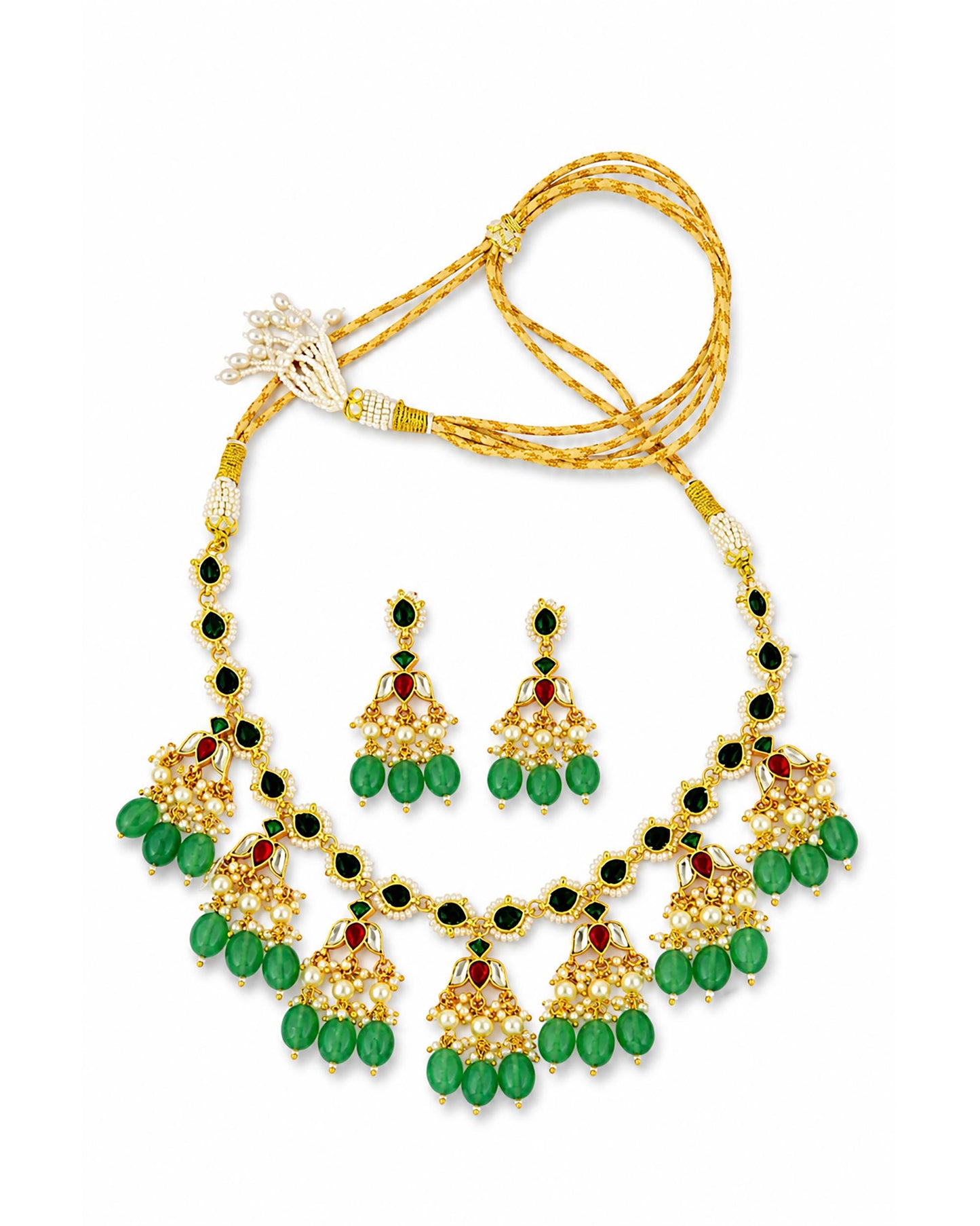 Kundan Green Stone Necklace Set with Earrings, Indian Bridal Jewelry Set, Gold Choker Necklace, Wedding Jewelry, Pearl Drop Ethnic Set