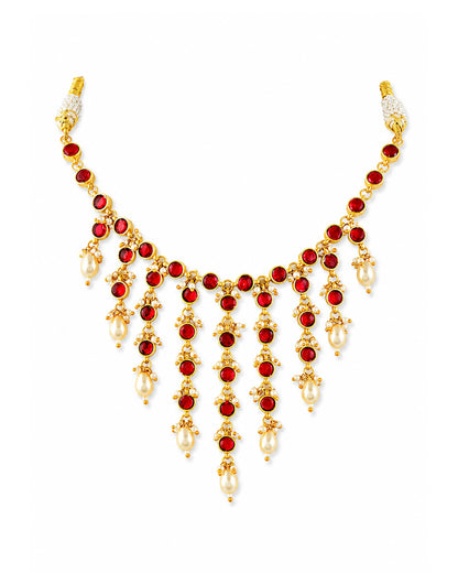 Red Stone Gold Necklace, Indian Bridal Necklace, Kundan Style Pearl Drop Necklace, Wedding Jewelry, Traditional Statement Choker