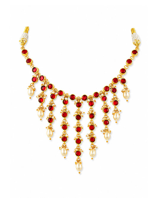 Red Stone Gold Necklace, Indian Bridal Necklace, Kundan Style Pearl Drop Necklace, Wedding Jewelry, Traditional Statement Choker
