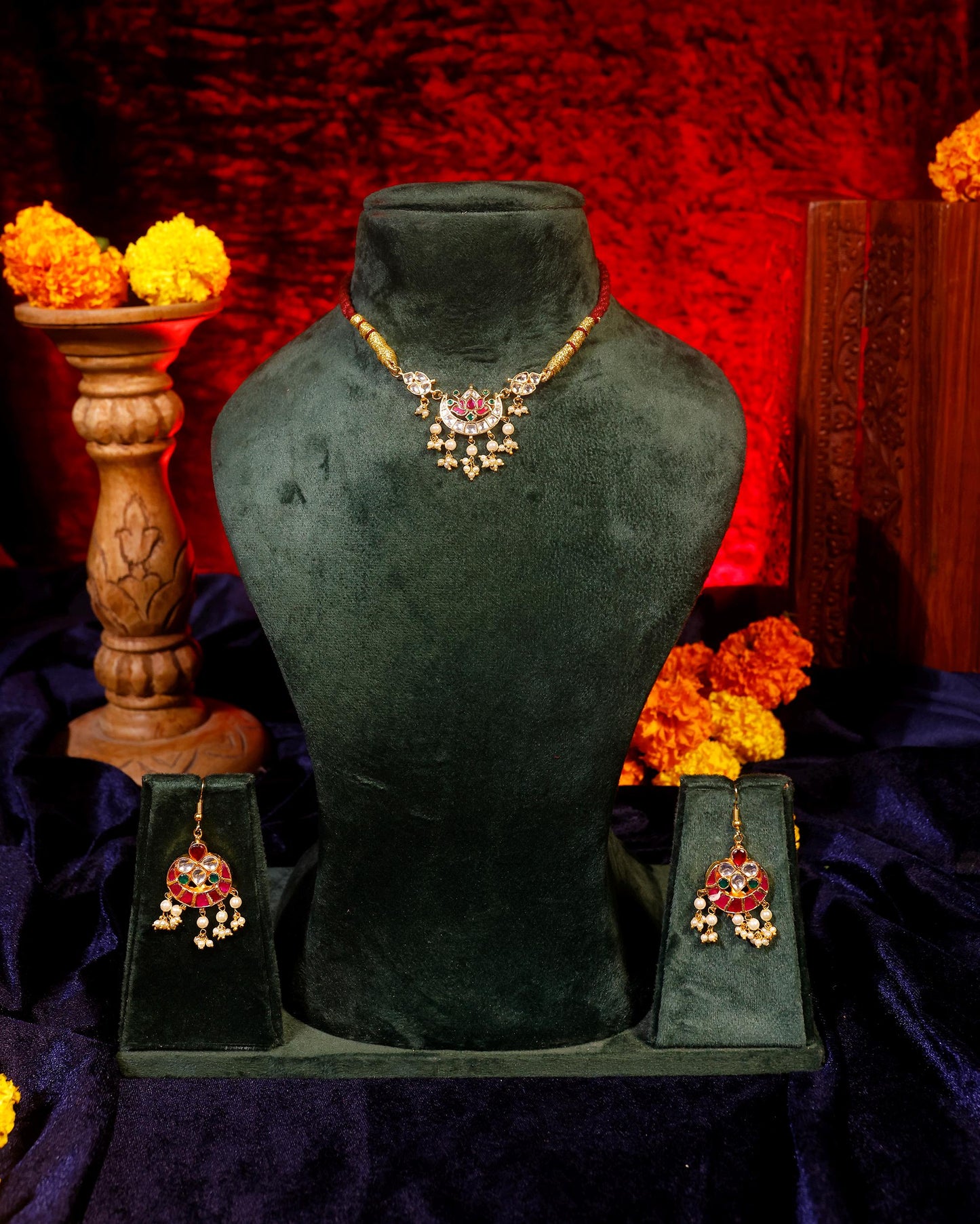 Ruby Red Thread Choker Necklace Set, Kundan Pearl Jewelry Set, Traditional Indian Necklace Earrings, Bridal Ethnic Jewelry Gift for Women
