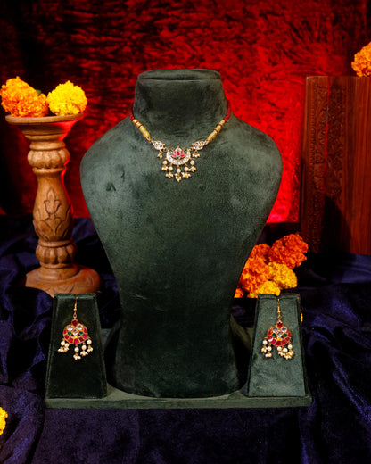 Ruby Red Thread Choker Necklace Set, Kundan Pearl Jewelry Set, Traditional Indian Necklace Earrings, Bridal Ethnic Jewelry Gift for Women