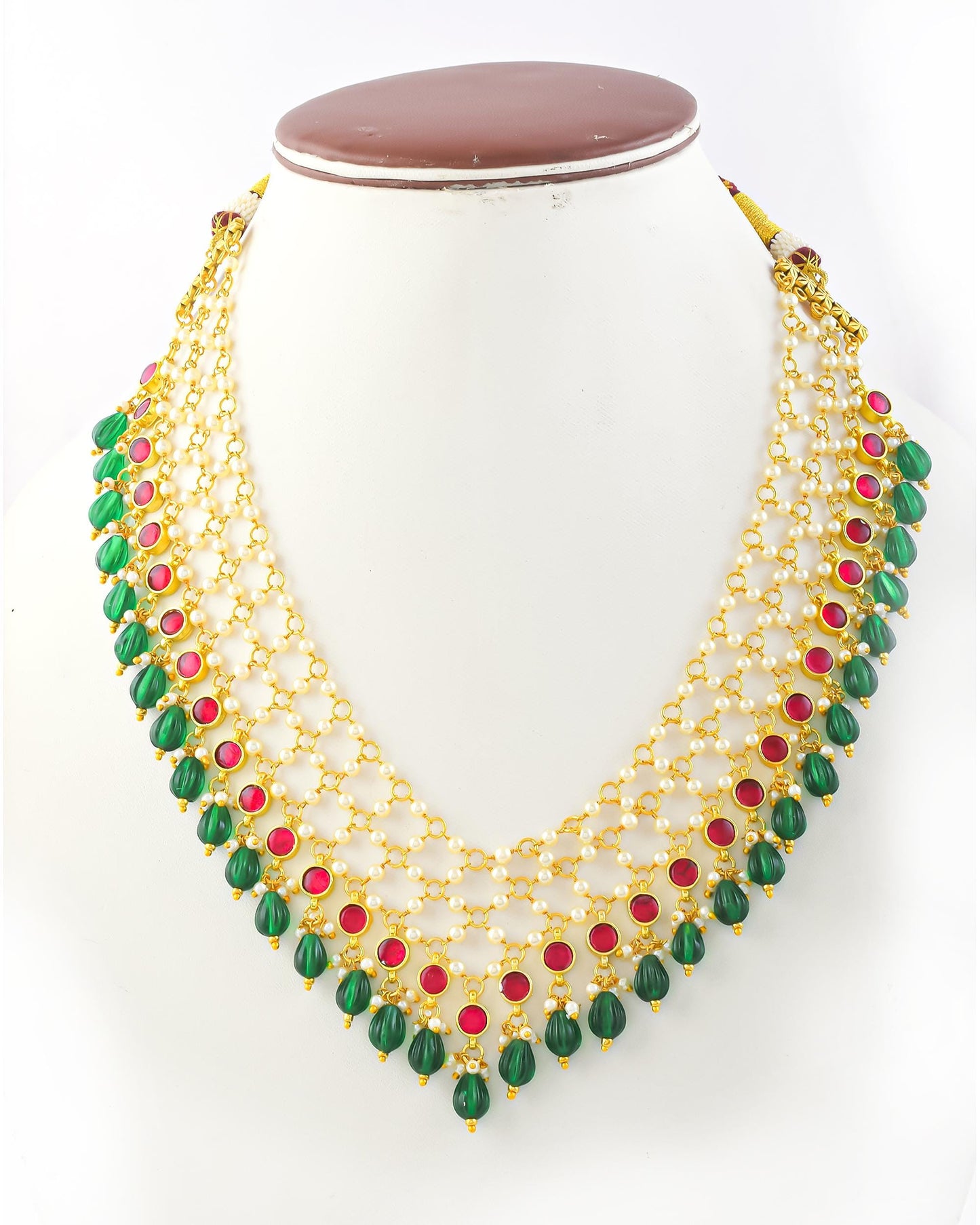 Red Green Kundan Necklace Set, Traditional Indian Bridal Jewelry, Adjustable Thread Necklace, Ethnic Gold Statement Necklace with Earrings