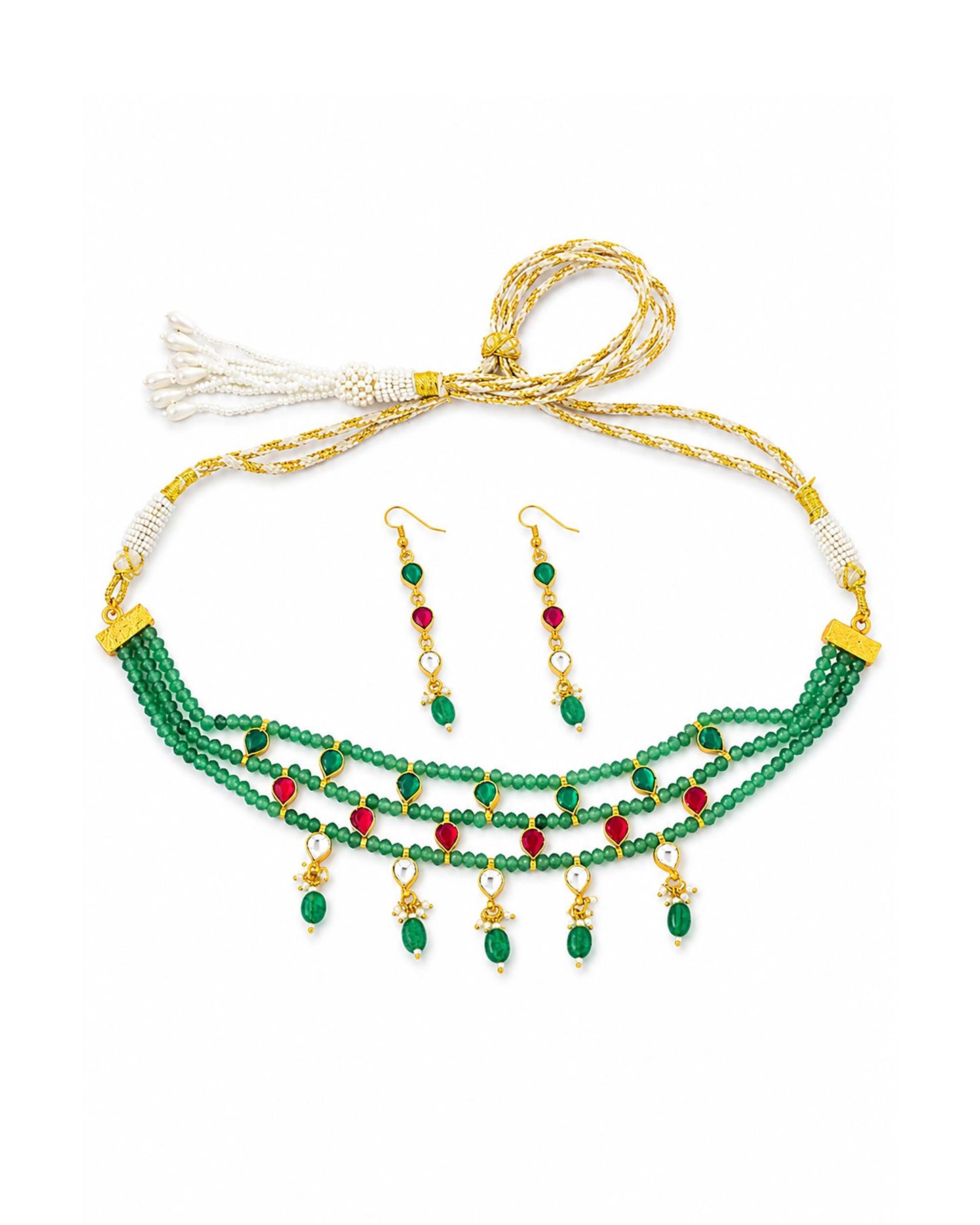 Green Beaded Kundan Choker Necklace, Multi Layer Indian Bridal Jewelry, Ruby Drop Necklace, Traditional Wedding Choker, Gold Ethnic Necklace