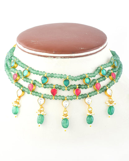 Green Beaded Kundan Choker Necklace, Multi Layer Indian Bridal Jewelry, Ruby Drop Necklace, Traditional Wedding Choker, Gold Ethnic Necklace