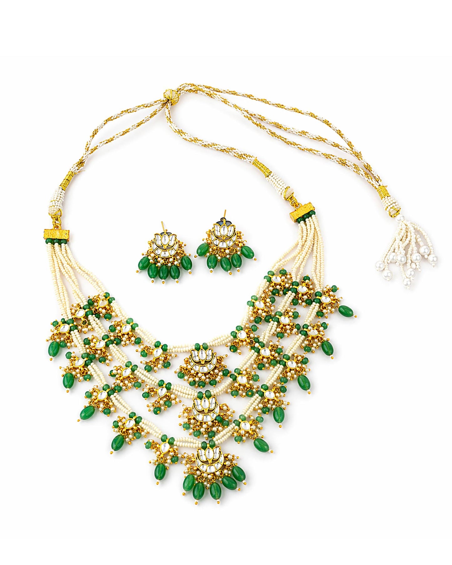 Green Kundan Bridal Necklace Set, Multi Layer Pearl Indian Wedding Jewelry, Gold Statement Necklace Earrings, Traditional Bridal Jewelry Set