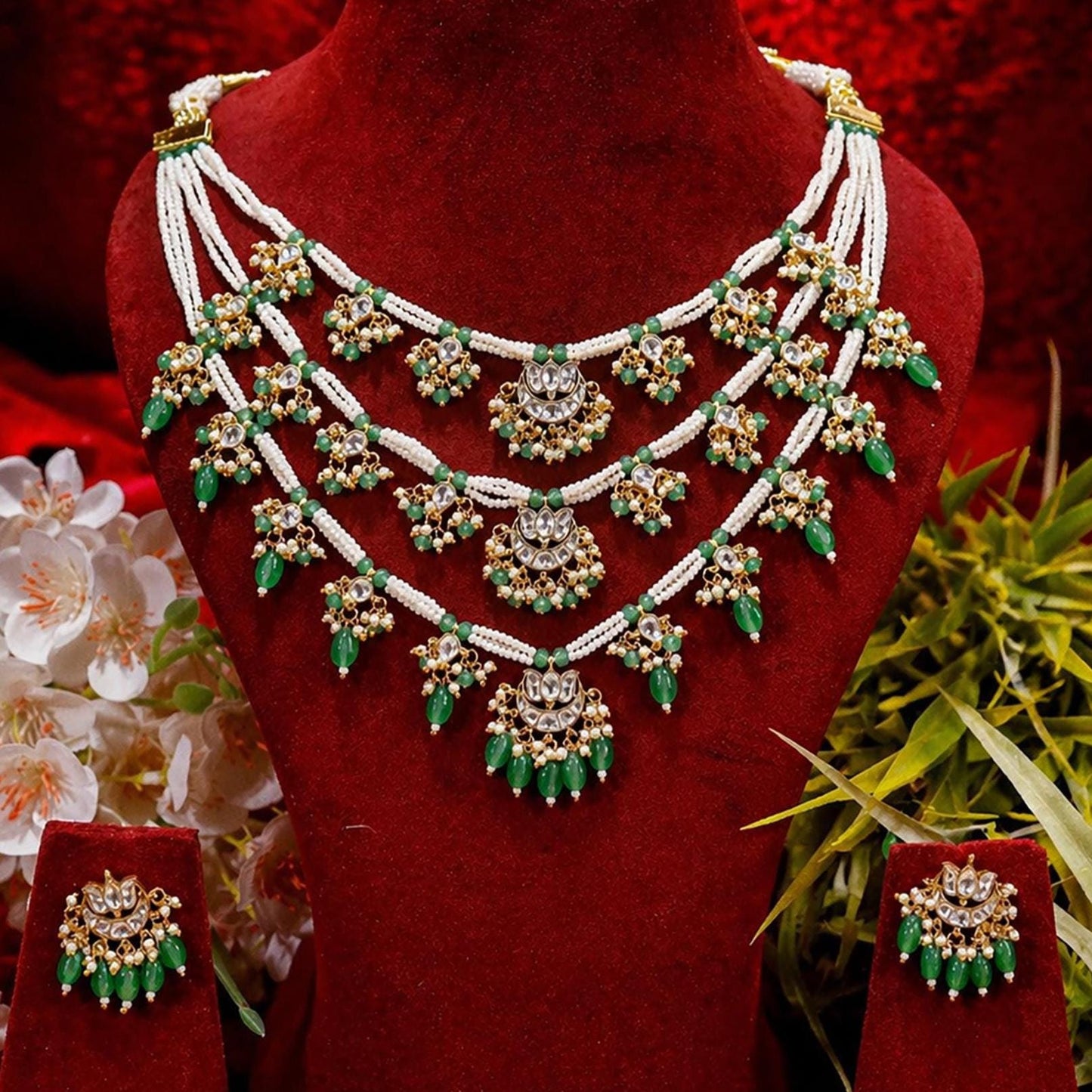 Green Kundan Bridal Necklace Set, Multi Layer Pearl Indian Wedding Jewelry, Gold Statement Necklace Earrings, Traditional Bridal Jewelry Set