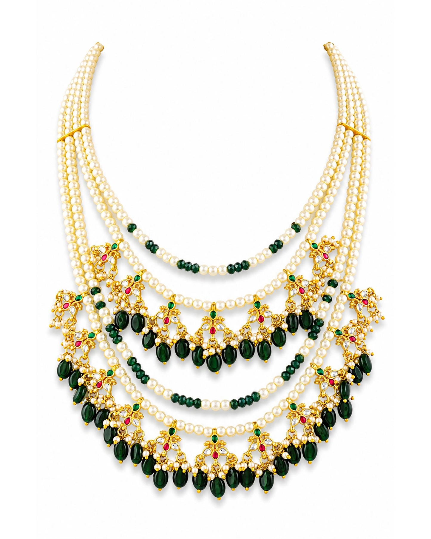 Multi Layer Raani Haar Pearl Kundan Bridal Necklace Set, Green Beaded Wedding Jewelry, Gold Statement Necklace with Earrings