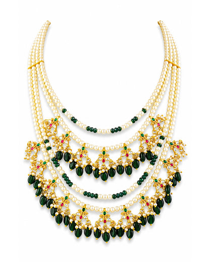 Multi Layer Raani Haar Pearl Kundan Bridal Necklace Set, Green Beaded Wedding Jewelry, Gold Statement Necklace with Earrings