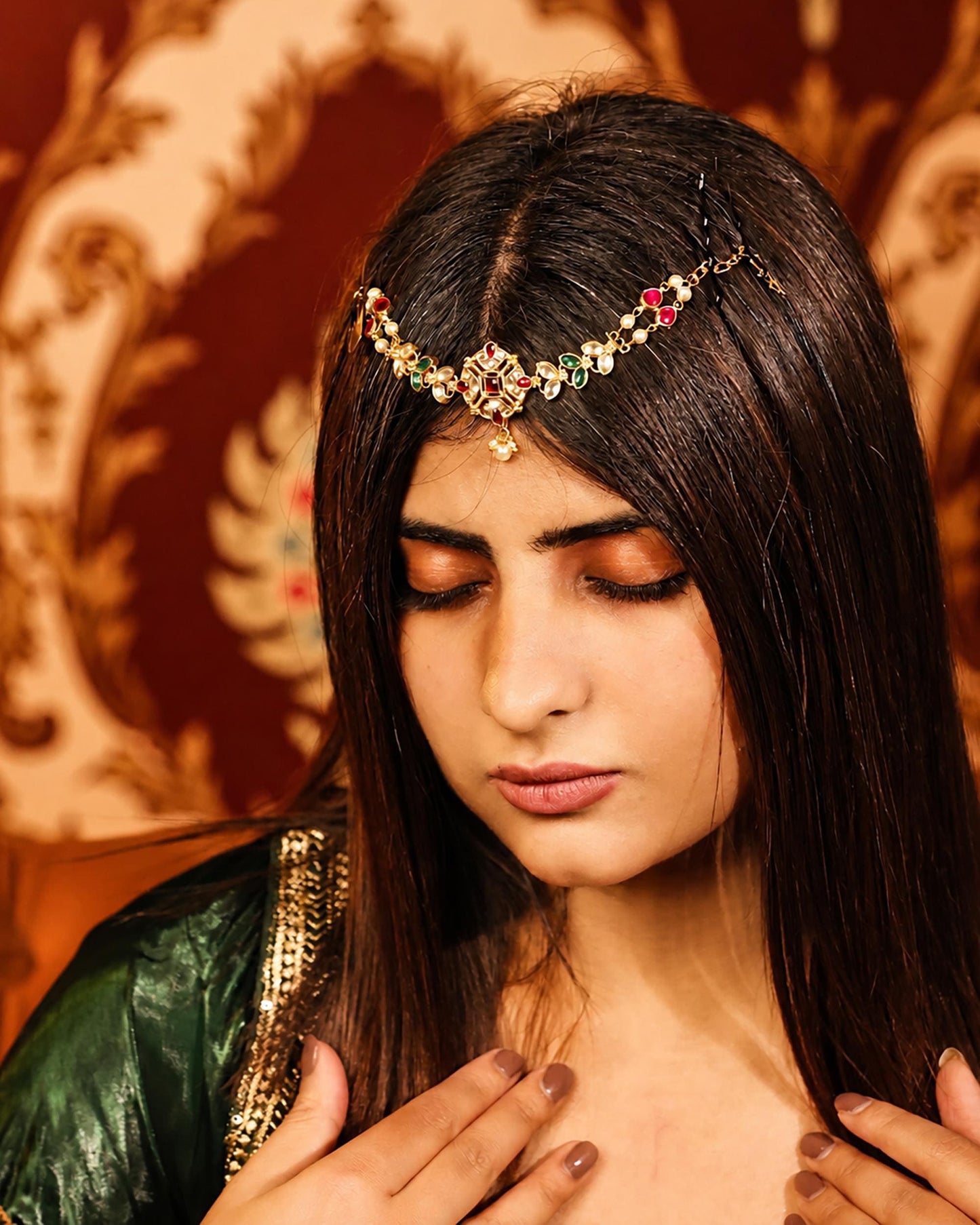 Bridal Kundan Sheeshpatti Matha Patti with Pearl Drop | Indian Wedding Head Jewelry | Traditional Gold Headpiece with Red Green Stones