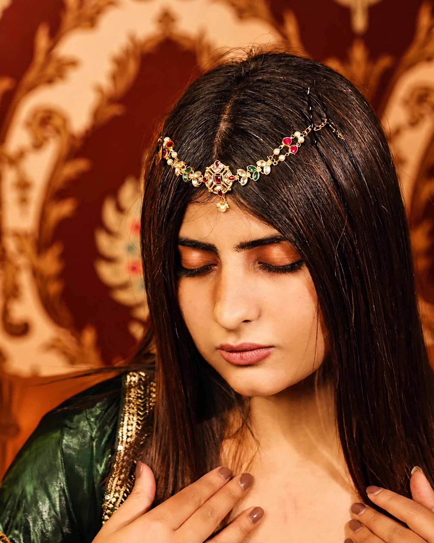 Bridal Kundan Sheeshpatti Matha Patti with Pearl Drop | Indian Wedding Head Jewelry | Traditional Gold Headpiece with Red Green Stones