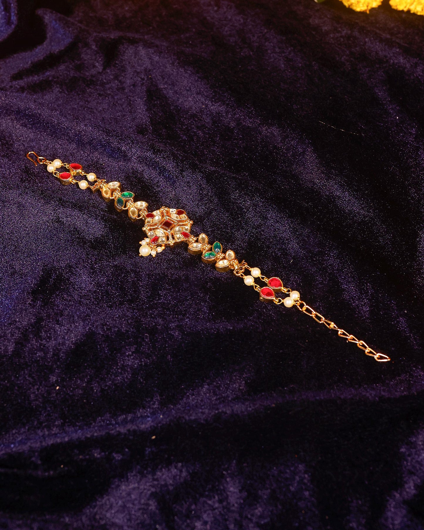 Bridal Kundan Sheeshpatti Matha Patti with Pearl Drop | Indian Wedding Head Jewelry | Traditional Gold Headpiece with Red Green Stones