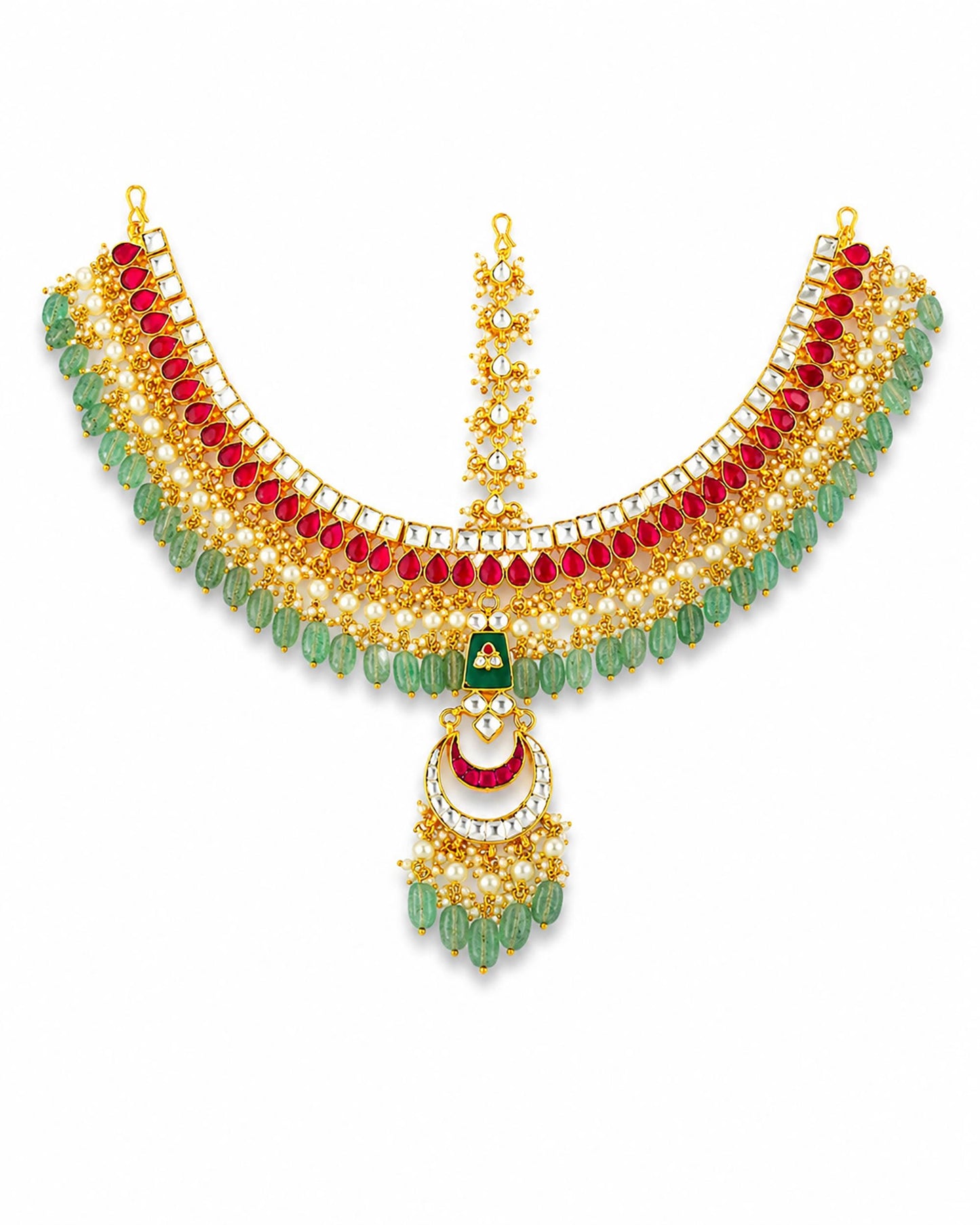 Bridal Kundan Sheeshpatti Matha Patti with Green Beads, Indian Wedding Head Jewelry, Gold Pearl Multicolor Headpiece