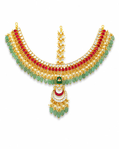 Bridal Kundan Sheeshpatti Matha Patti with Green Beads, Indian Wedding Head Jewelry, Gold Pearl Multicolor Headpiece