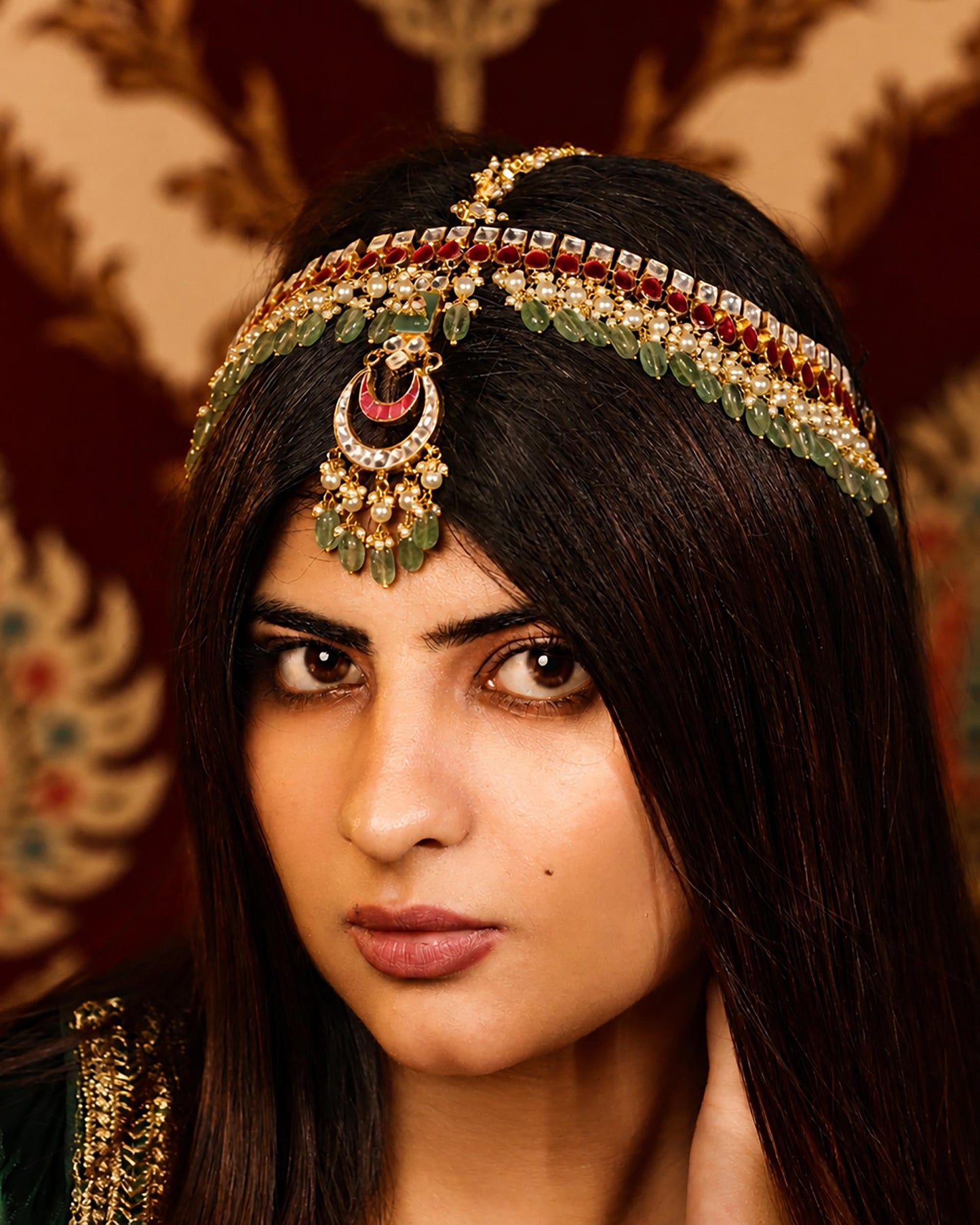 Bridal Kundan Sheeshpatti Matha Patti with Green Beads, Indian Wedding Head Jewelry, Gold Pearl Multicolor Headpiece