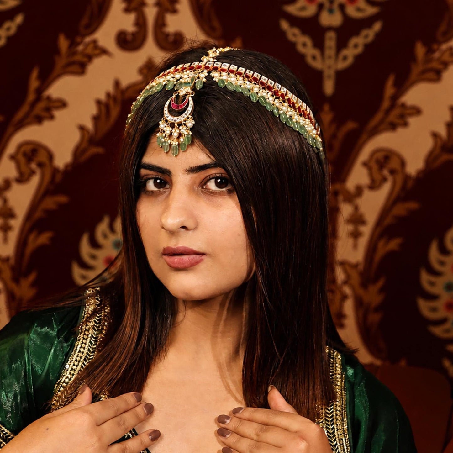 Bridal Kundan Sheeshpatti Matha Patti with Green Beads, Indian Wedding Head Jewelry, Gold Pearl Multicolor Headpiece