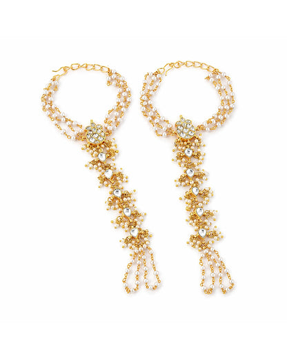 Kundan Pearl Hand Harness Bracelet for Women, Bridal Hathphool Jewelry, Indian Wedding Hand Chain, Gold Plated Hand Accessory, Hand Jewelry
